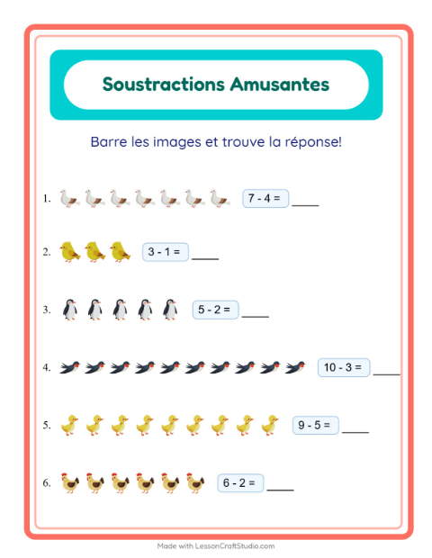 Aperçu de la fiche Soustraction avec Oiseaux 2 pour École maternelle (grande section, 5-7 ans)