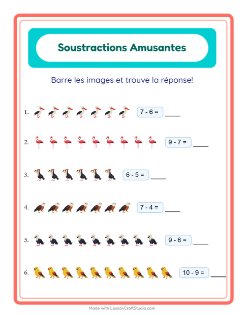 Aperçu de la fiche Soustraction avec Oiseaux pour École maternelle (grande section, 5-7 ans)