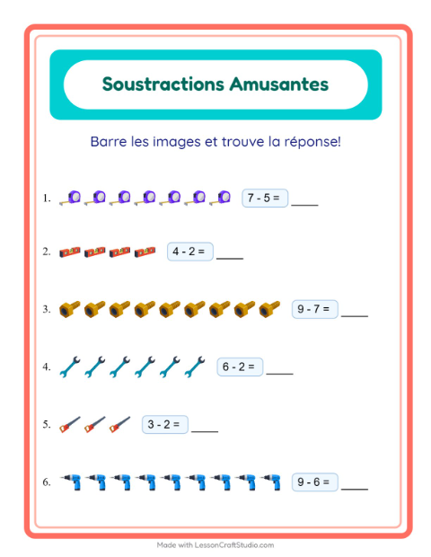 Aperçu de la fiche Soustraction avec Outils pour École maternelle (grande section, 5-7 ans)