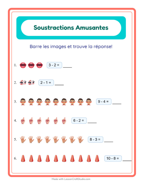 Aperçu de la fiche Soustraction avec Parties du corps pour École maternelle (grande section, 5-7 ans)
