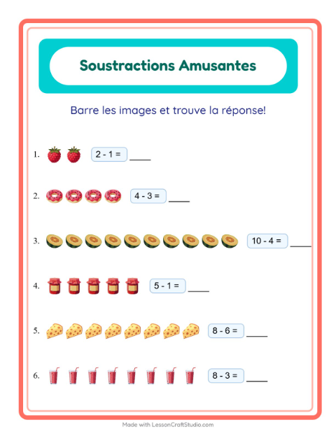 Aperçu de la fiche Soustraction avec Petit-déjeuner pour École maternelle (grande section, 5-7 ans)