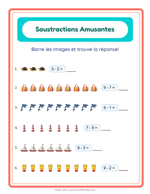 Aperçu de la fiche Soustraction avec Plage pour École maternelle (grande section, 5-7 ans)