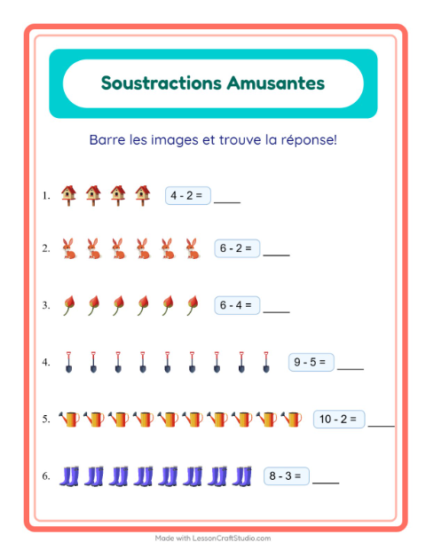 Aperçu de la fiche Soustraction avec Printemps pour École maternelle (grande section, 5-7 ans)