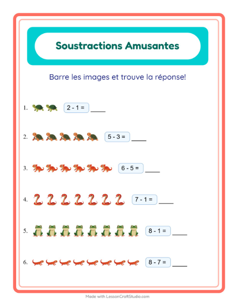 Aperçu de la fiche Soustraction avec Reptiles et amphibiens pour École maternelle (grande section, 5-7 ans)
