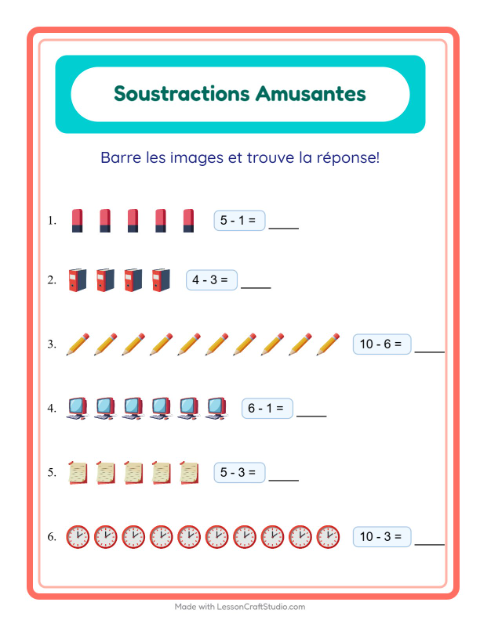 Aperçu de la fiche Soustraction avec Salle de classe pour École maternelle (grande section, 5-7 ans)
