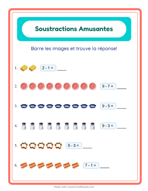 Aperçu de la fiche Soustraction avec Ustensiles de cuisine pour École maternelle (grande section, 5-7 ans)