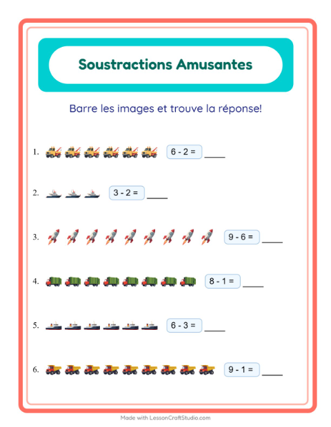 Aperçu de la fiche Soustraction avec Véhicules pour École maternelle (grande section, 5-7 ans)