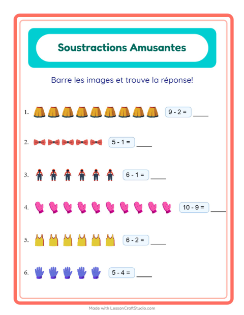 Aperçu de la fiche Soustraction avec Vêtements pour École maternelle (grande section, 5-7 ans)