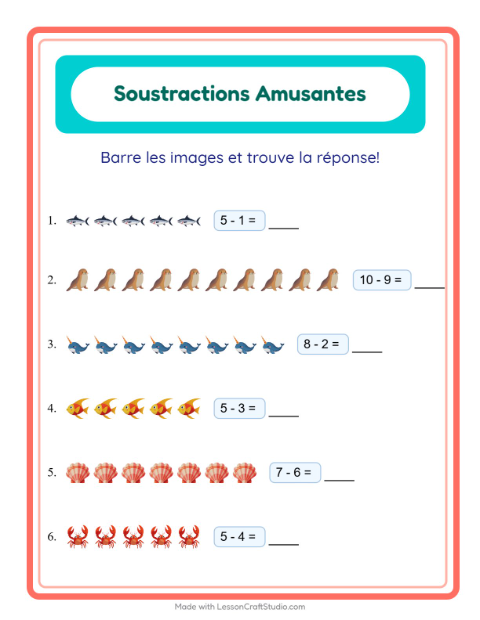 Aperçu de la fiche Soustraction avec Vie océanique pour École maternelle (grande section, 5-7 ans)