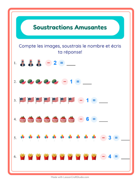 Aperçu de la fiche Soustraction avec 4 juillet pour École maternelle (grande section, 5-7 ans)