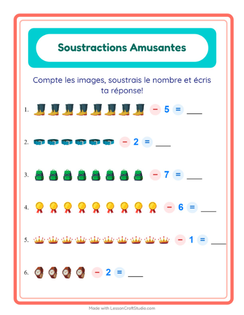 Aperçu de la fiche Soustraction avec Accessoires pour École maternelle (grande section, 5-7 ans)