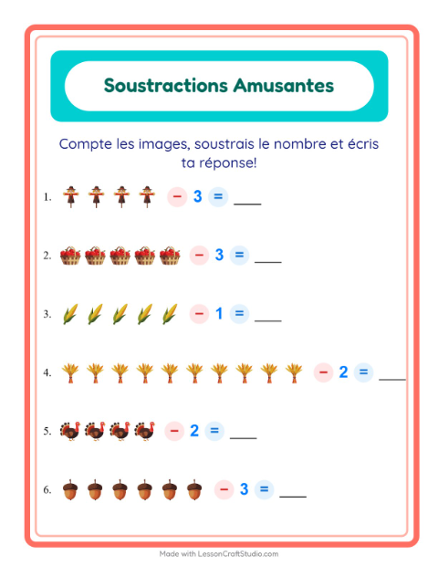 Aperçu de la fiche Soustraction avec Action de grâce pour École maternelle (grande section, 5-7 ans)