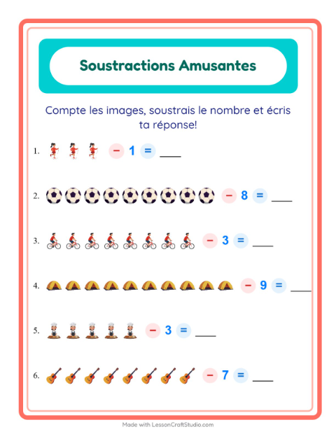 Aperçu de la fiche Soustraction avec Activités pour École maternelle (grande section, 5-7 ans)