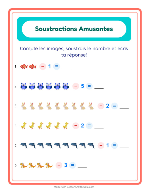 Aperçu de la fiche Soustraction avec Animaux pour École maternelle (grande section, 5-7 ans)