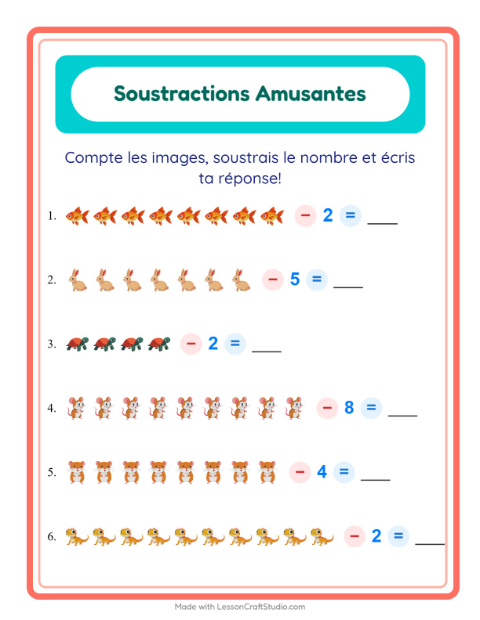Aperçu de la fiche Soustraction avec Animaux de compagnie pour École maternelle (grande section, 5-7 ans)