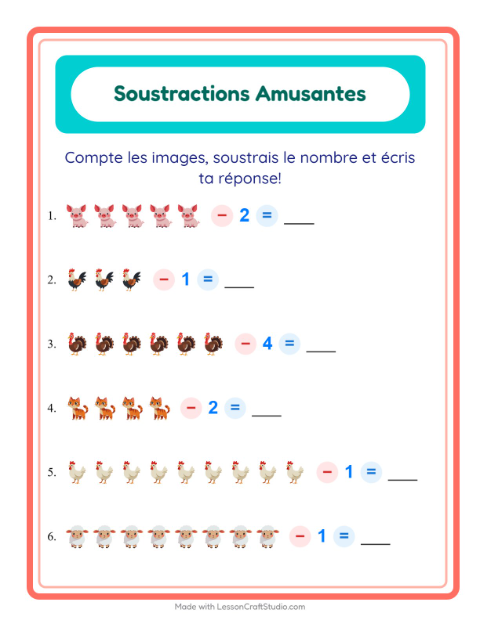 Aperçu de la fiche Soustraction avec Animaux de la ferme pour École maternelle (grande section, 5-7 ans)