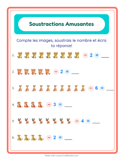 Aperçu de la fiche Soustraction avec Animaux du zoo pour École maternelle (grande section, 5-7 ans)
