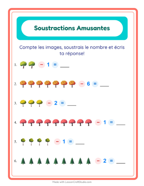 Aperçu de la fiche Soustraction avec Arbres pour École maternelle (grande section, 5-7 ans)