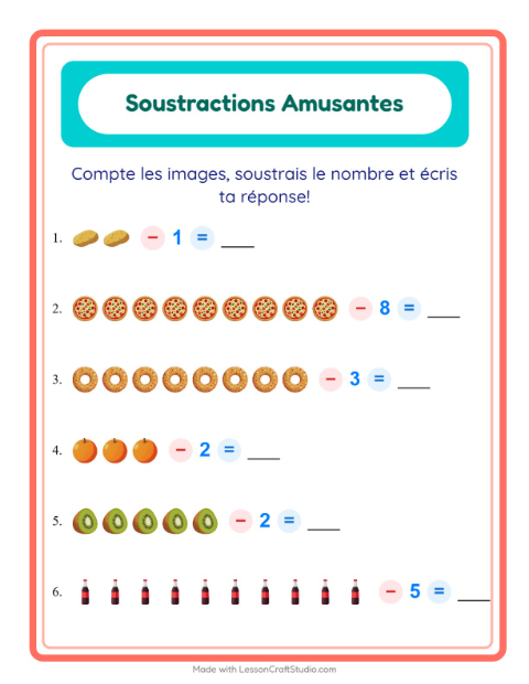 Aperçu de la fiche Soustraction avec Au supermarché pour École maternelle (grande section, 5-7 ans)