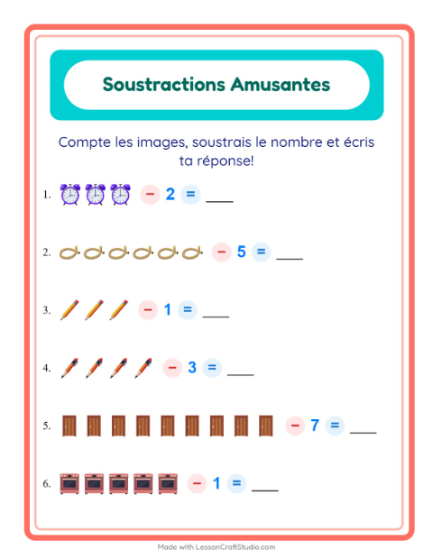 Aperçu de la fiche Soustraction avec Autour de la maison pour École maternelle (grande section, 5-7 ans)