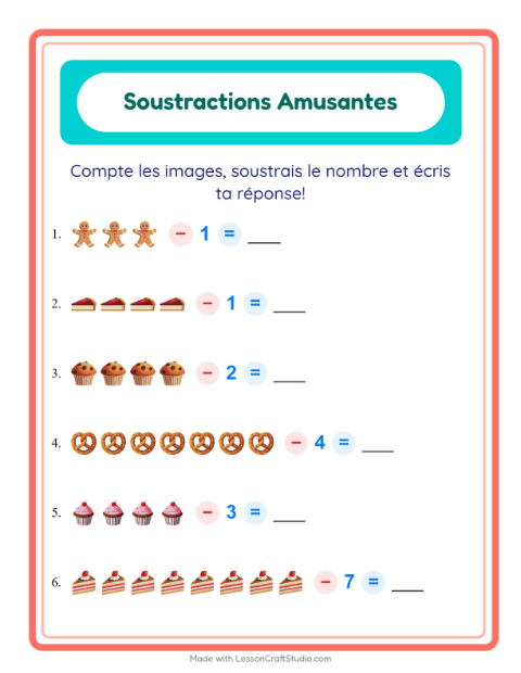 Aperçu de la fiche Soustraction avec Boulangerie pour École maternelle (grande section, 5-7 ans)