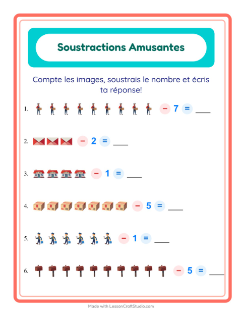 Aperçu de la fiche Soustraction avec Bureau de poste pour École maternelle (grande section, 5-7 ans)