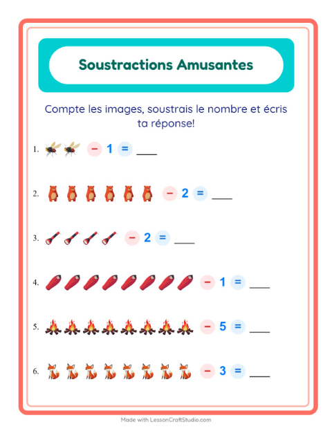 Aperçu de la fiche Soustraction avec Camping pour École maternelle (grande section, 5-7 ans)