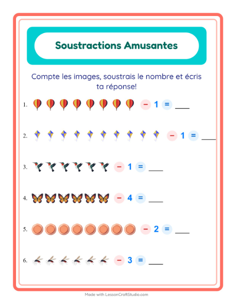 Aperçu de la fiche Soustraction avec Choses qui volent pour École maternelle (grande section, 5-7 ans)