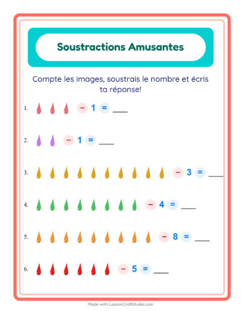 Aperçu de la fiche Soustraction avec Couleurs pour École maternelle (grande section, 5-7 ans)