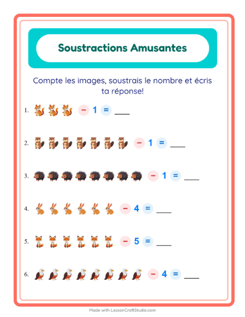 Aperçu de la fiche Soustraction avec Créatures de la forêt pour École maternelle (grande section, 5-7 ans)