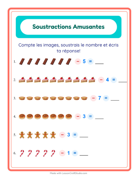 Aperçu de la fiche Soustraction avec Desserts et sucreries pour École maternelle (grande section, 5-7 ans)
