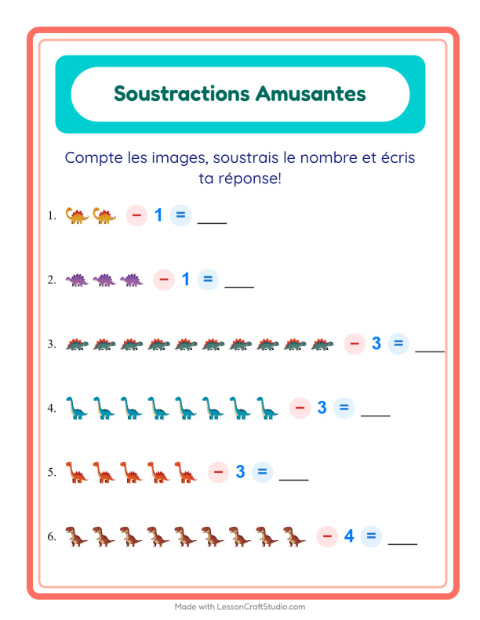 Aperçu de la fiche Soustraction avec Dinosaures pour École maternelle (grande section, 5-7 ans)