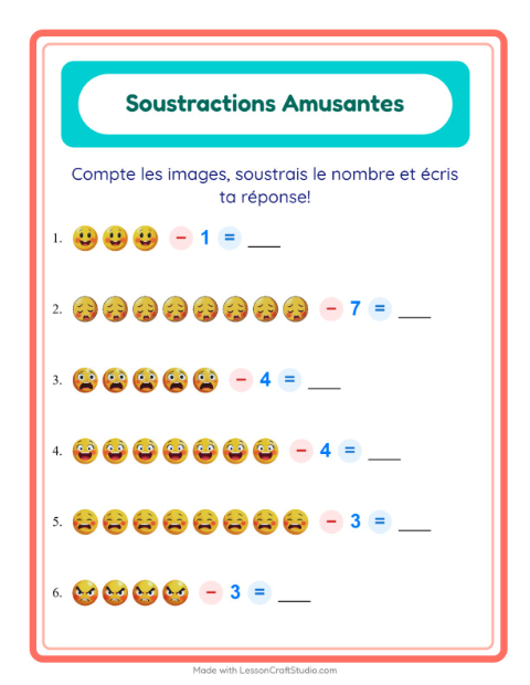 Aperçu de la fiche Soustraction avec Émotions pour École maternelle (grande section, 5-7 ans)