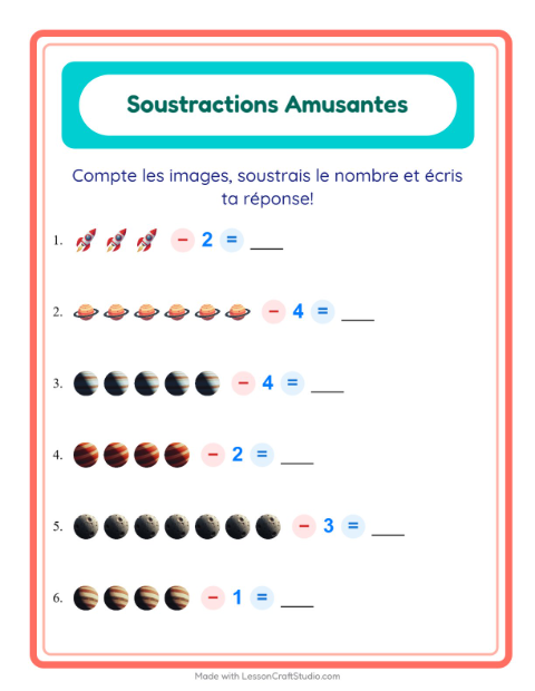 Aperçu de la fiche Soustraction avec Espace pour École maternelle (grande section, 5-7 ans)