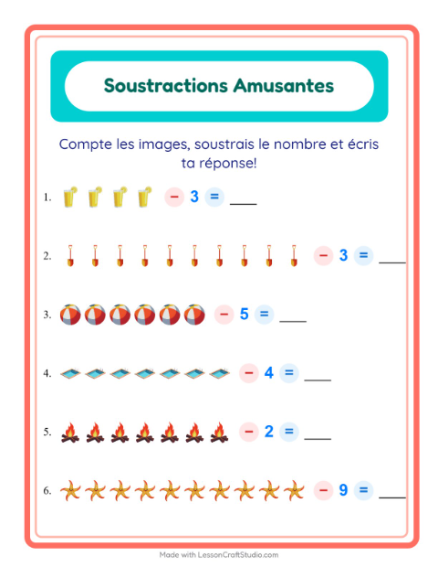 Aperçu de la fiche Soustraction avec Été pour École maternelle (grande section, 5-7 ans)