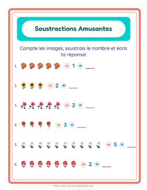 Aperçu de la fiche Soustraction avec Fleurs pour École maternelle (grande section, 5-7 ans)
