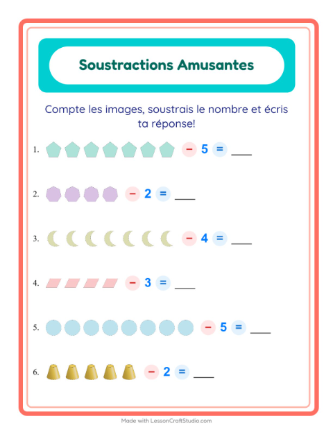 Aperçu de la fiche Soustraction avec Formes pour École maternelle (grande section, 5-7 ans)