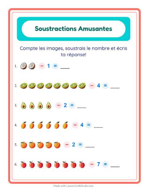 Aperçu de la fiche Soustraction avec Fruits pour École maternelle (grande section, 5-7 ans)