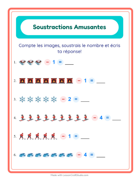 Aperçu de la fiche Soustraction avec Hiver pour École maternelle (grande section, 5-7 ans)