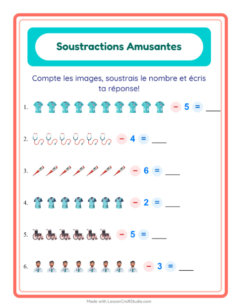 Aperçu de la fiche Soustraction avec Hôpital pour École maternelle (grande section, 5-7 ans)