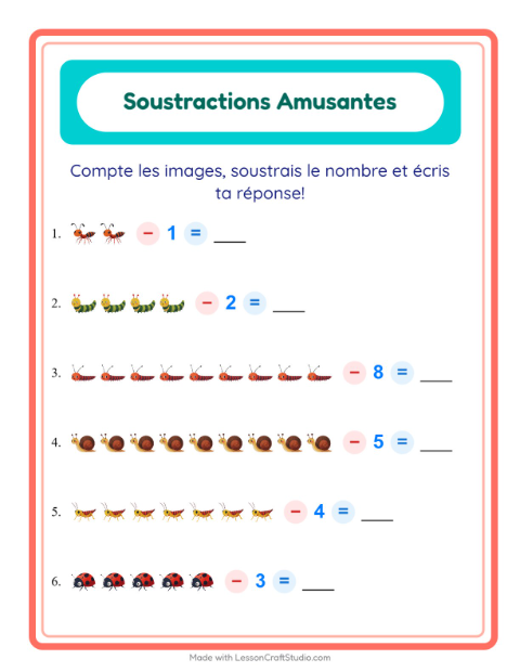 Aperçu de la fiche Soustraction avec Insectes et bestioles pour École maternelle (grande section, 5-7 ans)