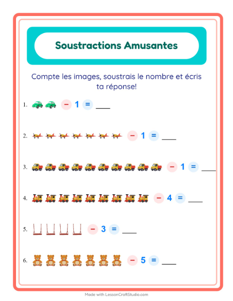 Aperçu de la fiche Soustraction avec Jouets pour École maternelle (grande section, 5-7 ans)