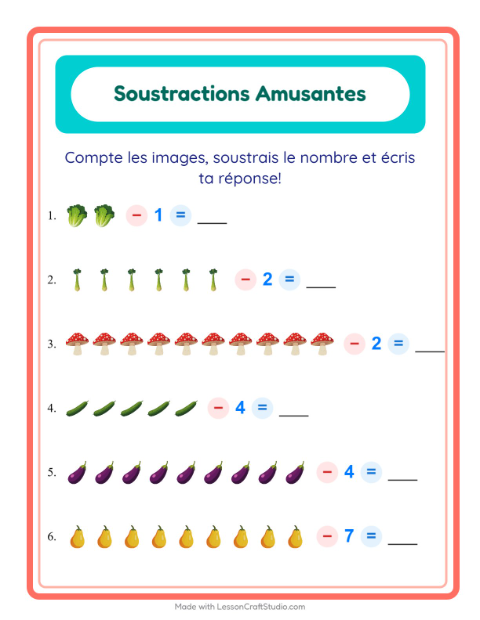 Aperçu de la fiche Soustraction avec Légumes pour École maternelle (grande section, 5-7 ans)