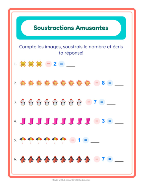 Aperçu de la fiche Soustraction avec Météo pour École maternelle (grande section, 5-7 ans)