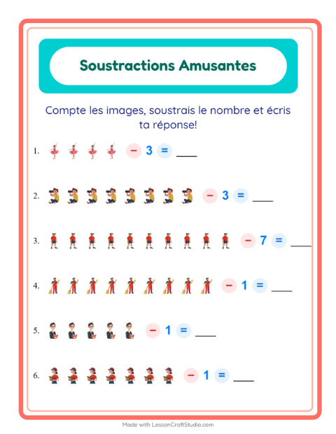 Aperçu de la fiche Soustraction avec Métiers pour École maternelle (grande section, 5-7 ans)