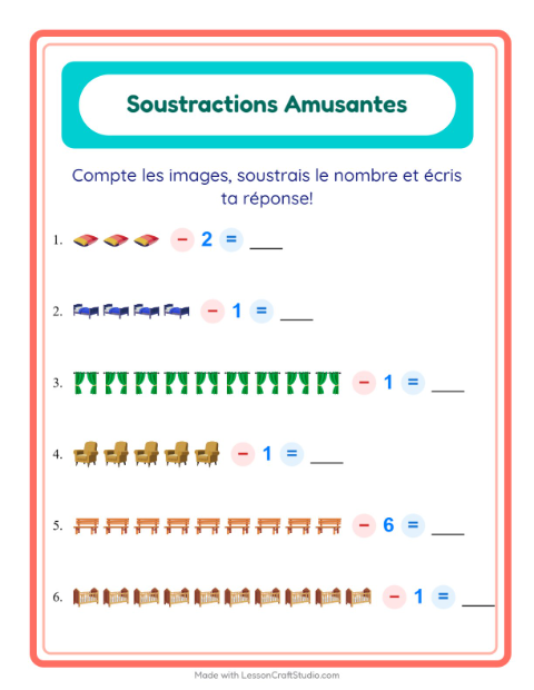 Aperçu de la fiche Soustraction avec Meubles pour École maternelle (grande section, 5-7 ans)