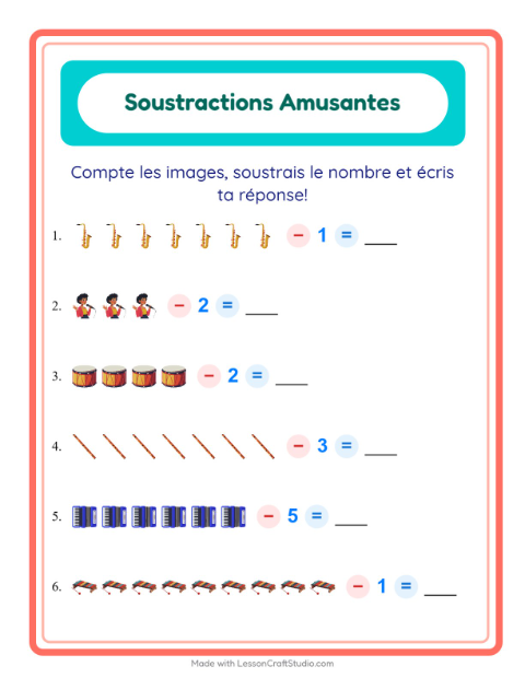 Aperçu de la fiche Soustraction avec Musique pour École maternelle (grande section, 5-7 ans)