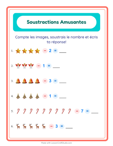 Aperçu de la fiche Soustraction avec Noël pour École maternelle (grande section, 5-7 ans)