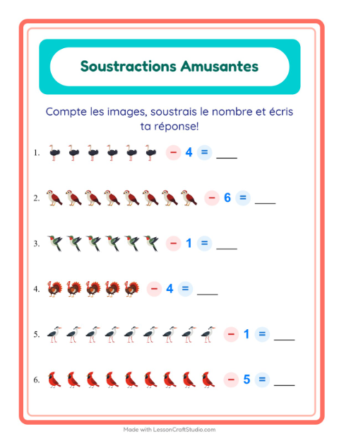 Aperçu de la fiche Soustraction avec Oiseaux 2 pour École maternelle (grande section, 5-7 ans)