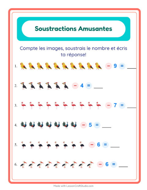 Aperçu de la fiche Soustraction avec Oiseaux pour École maternelle (grande section, 5-7 ans)